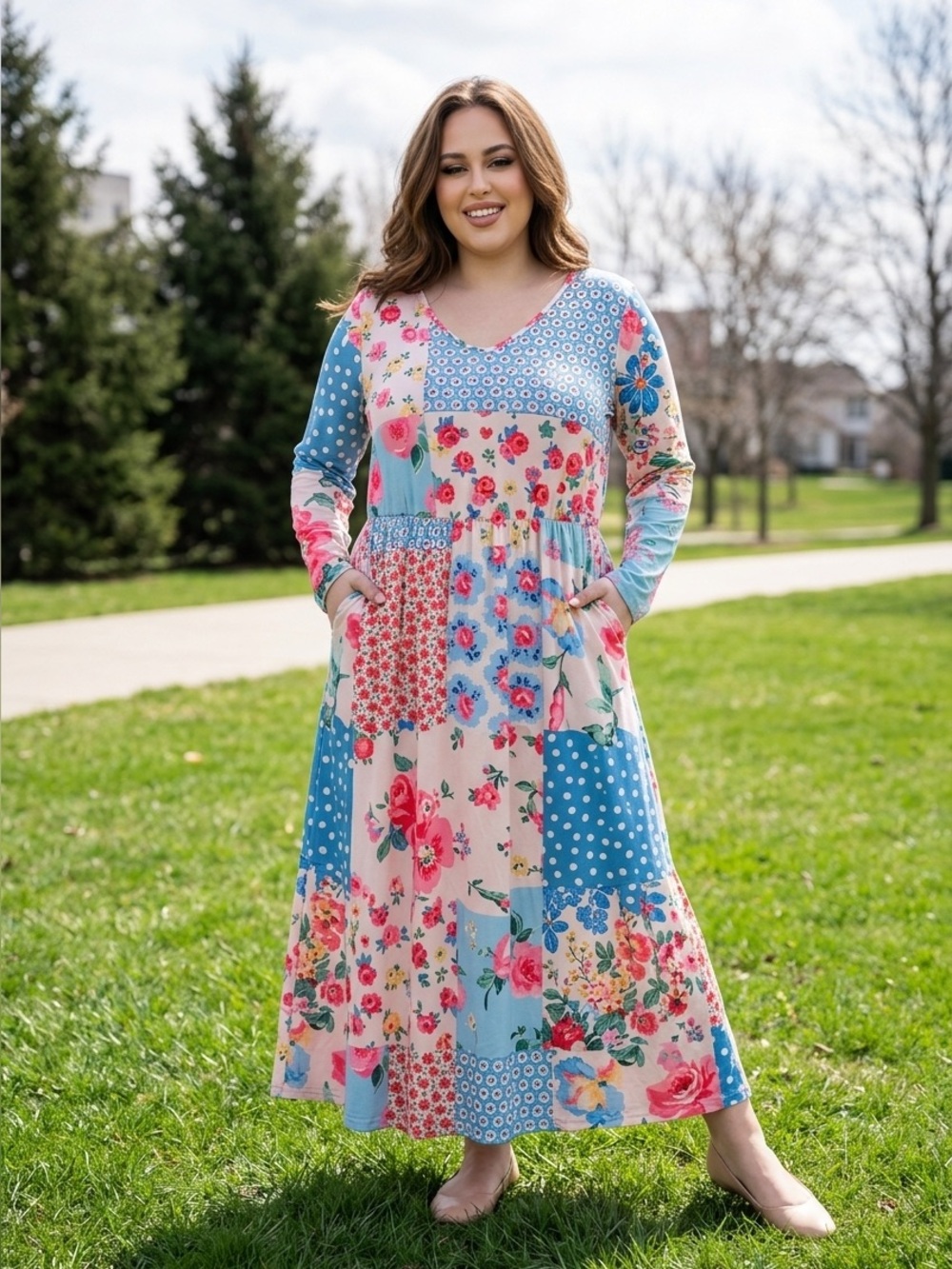 Floral Patchwork PRINT Long Sleeve Dress
